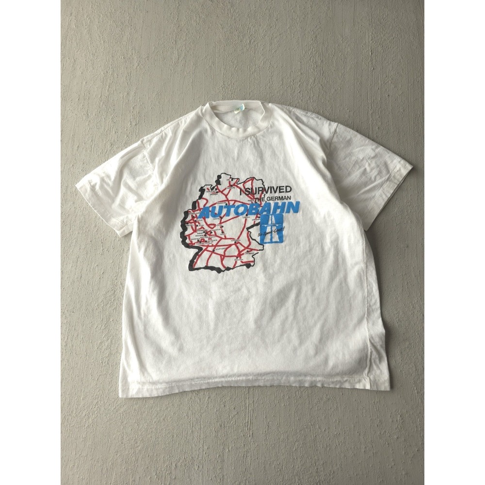 Vintage 80s I Survived The German Autobahn Car Racing Europe White T-shirt M